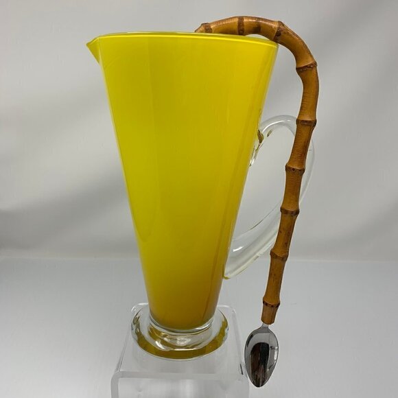 Yellow Art Glass Beverage Pitcher Bamboo Spoon Vintage Barware Cocktails